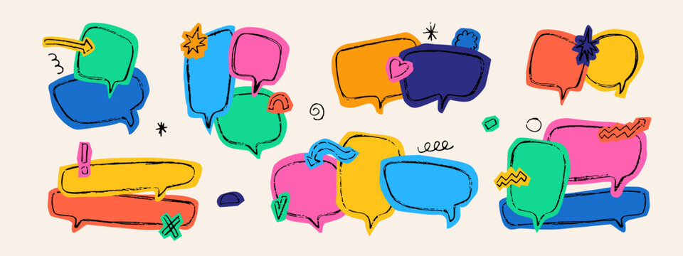 Doodle Speech Bubbles Set, Hand Drawn Comic Chat Text Frames, Colorful Speech Balloons Isolated Collection