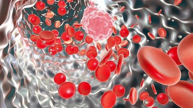 Nanoparticles in bloodstream, 3D animation. Nanoparticles circulating among red blood cells, illustrating applications in drug delivery, diagnostics, imaging, targeted therapy, biosensing and nanomedi
