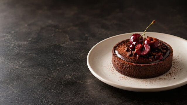 Premium chocolate tart topped with fresh cherries on dark stone