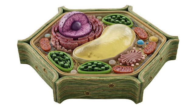 Plant cell structure cross section model, 3d educational diagram of plant cell anatomy, detailed biology cell with organelles on white background