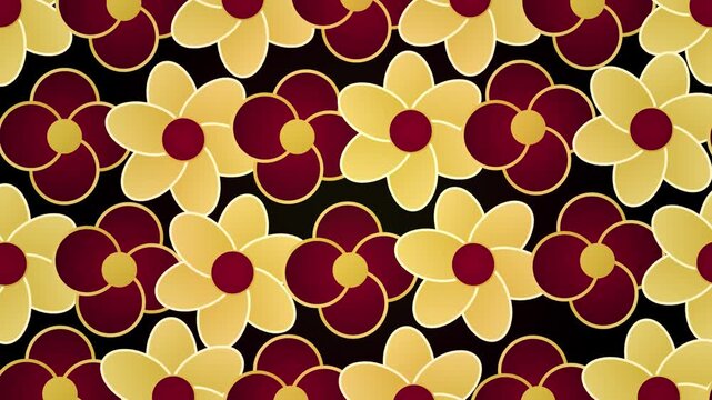 Retro floral pattern with gold and burgundy flowers, vintage 70s style geometric flower background, seamless looping animation of elegant floral shapes