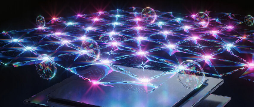 Multilayer neon blockchain grid backdrop, finance concept