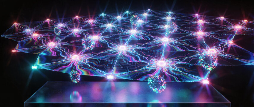 Multilayer neon blockchain grid backdrop, finance concept