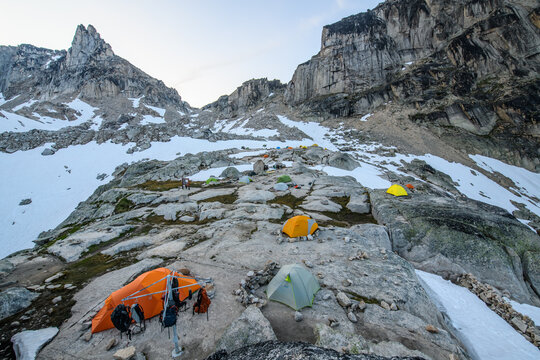 Climbers base camp with tents in snowy mountains bugaboo