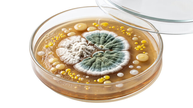 Bacterial colonies in petri dish, fungus mold fungus growth on agar plate, laboratory scientific research microbiology study isolated on white background