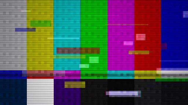 Glitched television screen with color bars and static noise