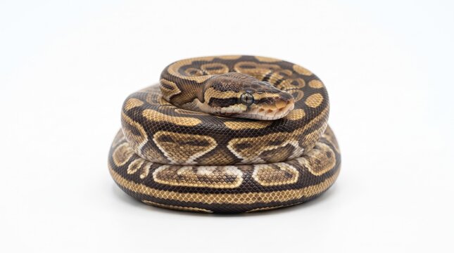 close-up of a coiled ball python on white background