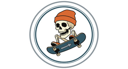 Skeleton wearing a beanie rides a skateboard within a circular frame © Virtuous