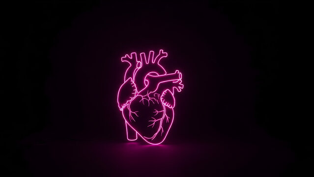 Glowing Pink Neon Human Heart Anatomy Illustration Featuring A Vibrant Luminous Outline On A Dark Background