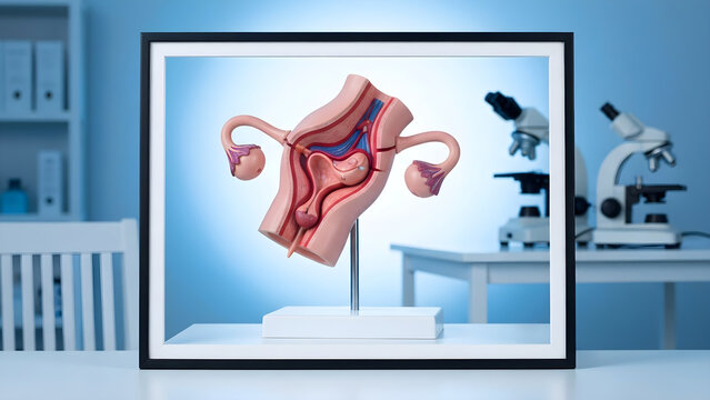 Anatomical Female Reproductive System Cross Section Model Displayed in a Professional Medical Laboratory Environment for Scientific Education