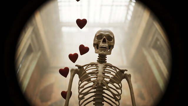 Conceptual surreal skeleton sculpture floating with romantic red hearts in an ethereal museum hall