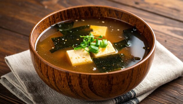 Japanese miso soup served in rustic wooden bowl