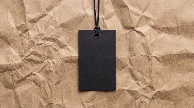 Black rectangular price tag hanging on wrinkled brown craft paper background.