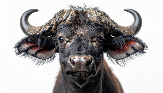 Baby water buffalo facing camera isolated on clean white