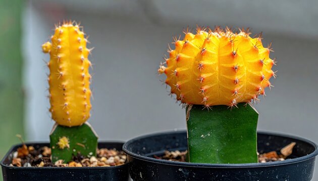Golden moon cactus growing on green rootstock in black pot