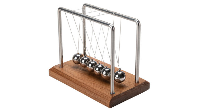 Classic metallic Newtons cradle balance balls physics science kinetic energy isolated on transparent background