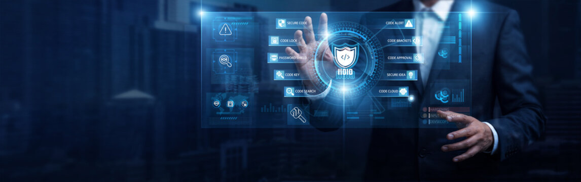 Businessman analyzing cyber software vulnerability and digital screen, secure coding data networking interface. Application threat protection dashboard, encrypted programming logic, code auditing.