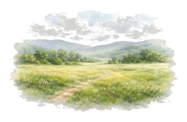 Fototapeta premium PNG Serene watercolor landscape illustration.