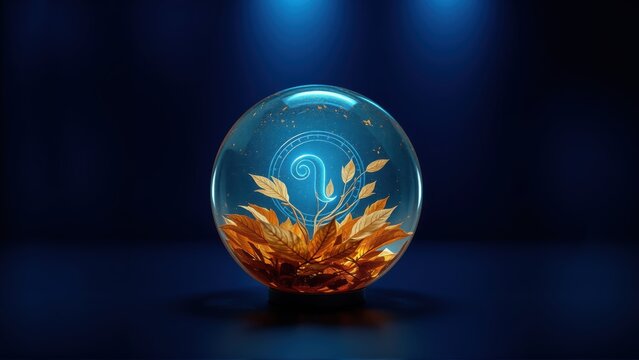 Glass sphere contains foliage, glowing symbol. Dark background creates dramatic lighting, highlighting orbs details. Mystical presentation.
