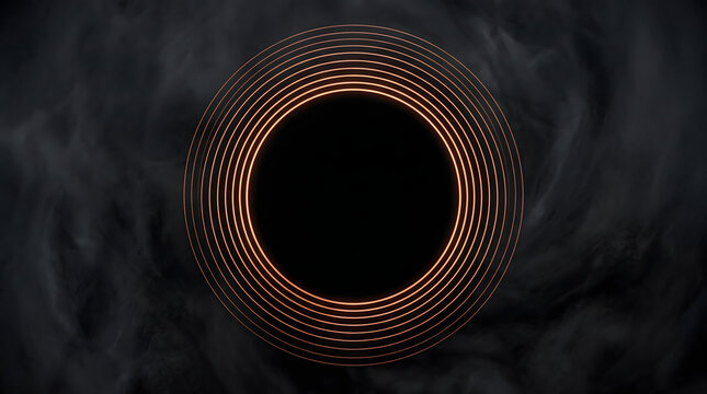 Minimal dark abstract background with concentric glowing orange rings surrounding a deep black central void.