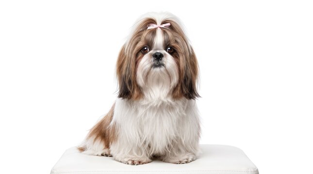 adorable shih tzu dog with bow sitting on white background