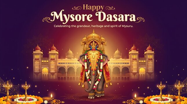 Happy Mysore Dasara Festival with Decorated Elephant and Illuminated Palace