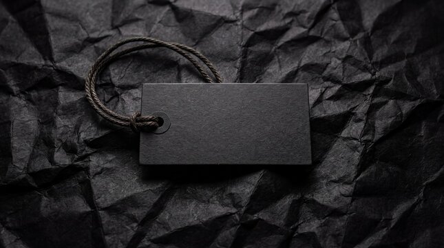 Blank black rectangular price tag with string laying on a crumpled dark paper texture.
