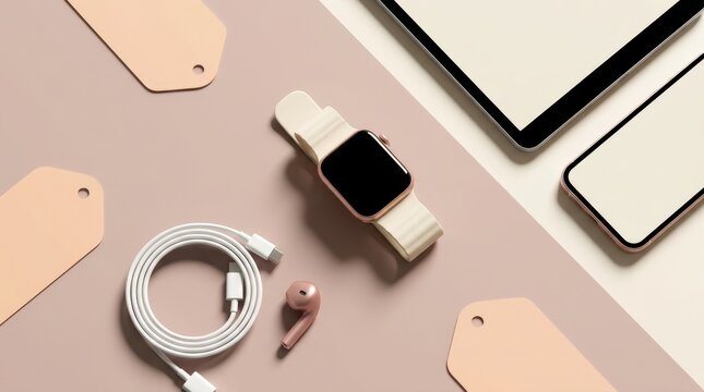 Modern smartwatch with accessories and blank screens arranged in a flat lay composition