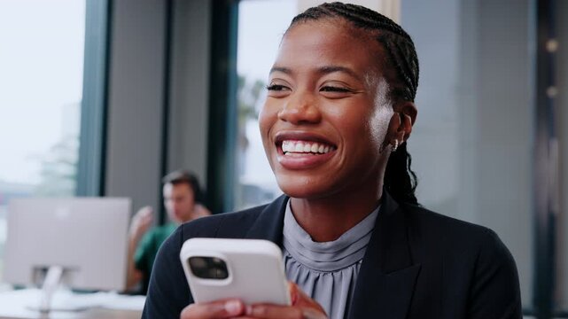 Laugh, texting and woman in office with phone, online communication and comic post on social media. Happy, digital and employee in agency with technology, funny message and meme reaction on chat app.