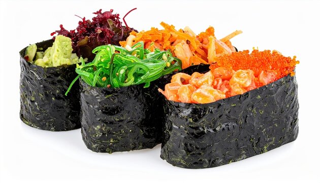 Fresh uni sushi gunkan wrapped with nori isolated on white