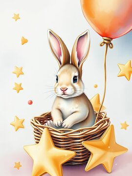 Watercolor bunny in wicker balloon stars, surrounded by subtle textures and soft colors, wicker, stars