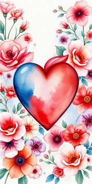 Watercolor painting of a heart surrounded by florals, illustration, art