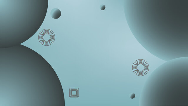 A modern minimalist backdrop featuring smooth grey gradient 3D spheres, floating balls, and linear geometric shapes on a light blue gradient canvas.