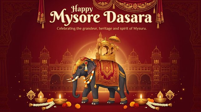 Happy Mysore Dasara Festival with Caparisoned Elephant and Golden Palace Line Art