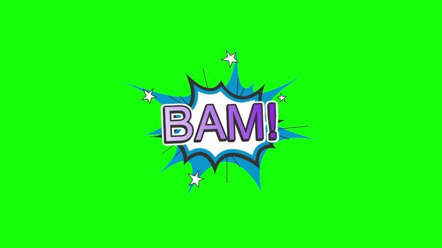 A Modern Comic Book BAM Word Explosion Animation Green Screen, Seamless Loop, 4K Doodle Background
