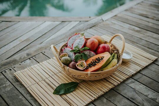 Tropical Fruit Basket with Dragon Fruit, Papaya, and Mango by Pool