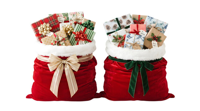 Two santa claus red velvet sacks overflowing with assorted christmas gifts, isolated on transparent background