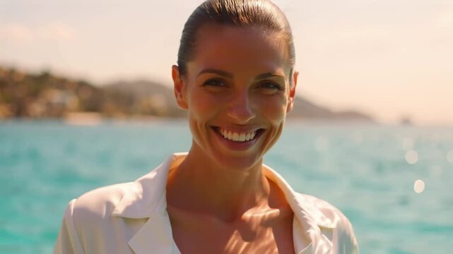 Strahlende Frau in wei&szlig;er Seidenbluse am Infinity-Pool