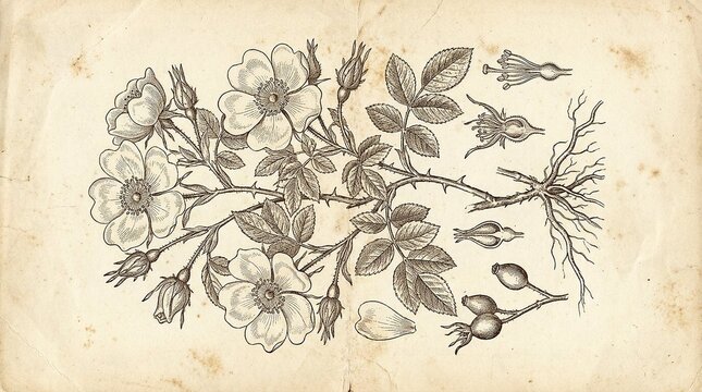 Vintage botanical engraving of wild roses on aged paper