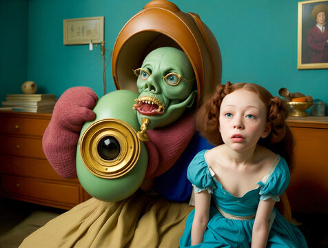 Surreal Family Portrait with Unseen Faces and Tentacles