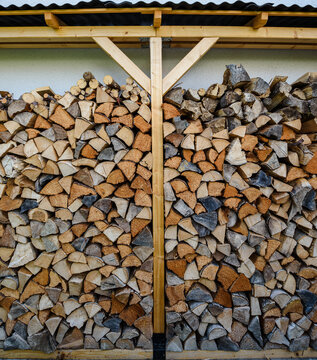 Gestapeltes Kaminholz  an der Hauswand