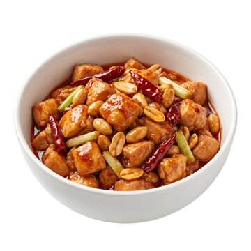 Spicy kung pao chicken with peanuts and dried chili peppers served in white bowl on transparent background