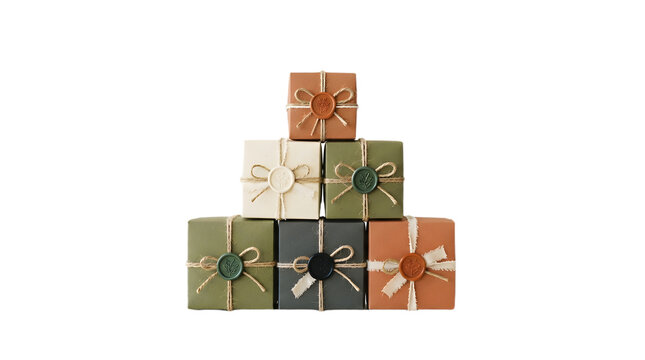 A pyramid stack of small gift boxes in muted earth tones, tied with twine and sealed with wax, isolated on transparent background