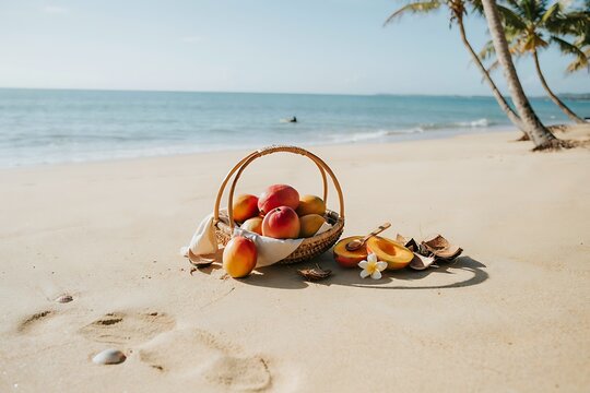 Ripe Mango Basket on Tropical Sandy Beach under Palm Trees with Sea View