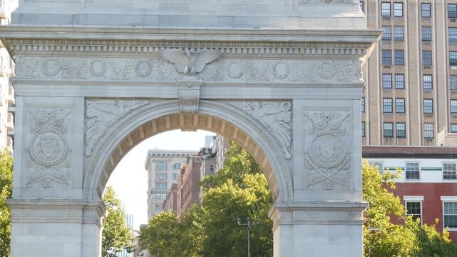 New York City Manhattan Washington Square Park arch, United States. Marble historic monument Greenwich Village. 5 fifth avenue triumphal arch. Autumn fall garden greenery. George Washington memorial.