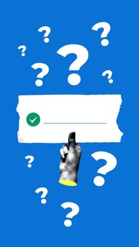 Hand holds piece of paper with check mark and a place for an answer. Question marks around. Question and answer. Problem and solution concept. Collage animation for quiz with copy space