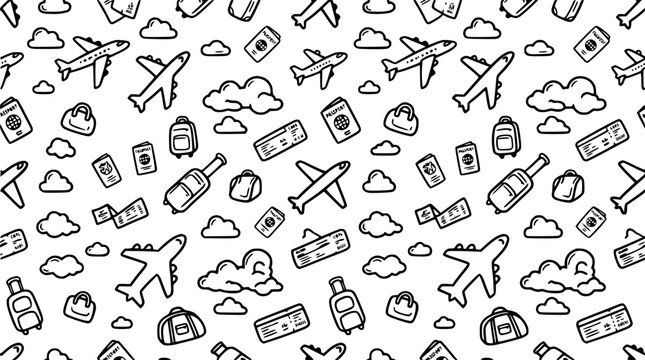 Doodle Travel Pattern with Airplanes, Clouds, and Luggage