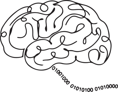 a black and white image of a brain with binary code.one line vector icon