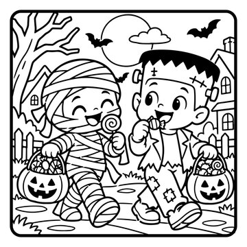 Cute Frankenstein and Mummy Carrying Candy Halloween Children Coloring Page Line Art, Cute Spooky Cartoon Characters and Kids Activity