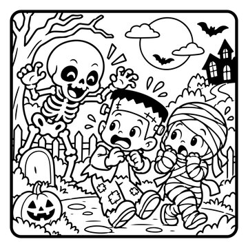 Happy Skeleton and Monster Halloween Children Coloring Page Line Art, Cute Spooky Cartoon Characters and Kids Activity